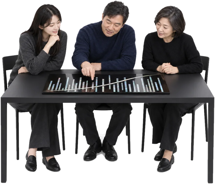 옻칠 판에 새겨진 자개 무늬를 함께 들여다보는 세 멤버